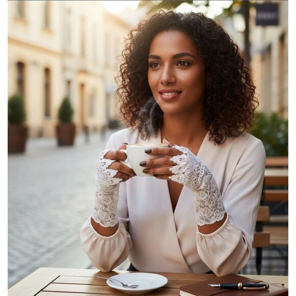 Lace Arm Warmers – White Fingerless Gloves w/ Floral Pattern – Bridal Vintage OS - Picture 2 of 2